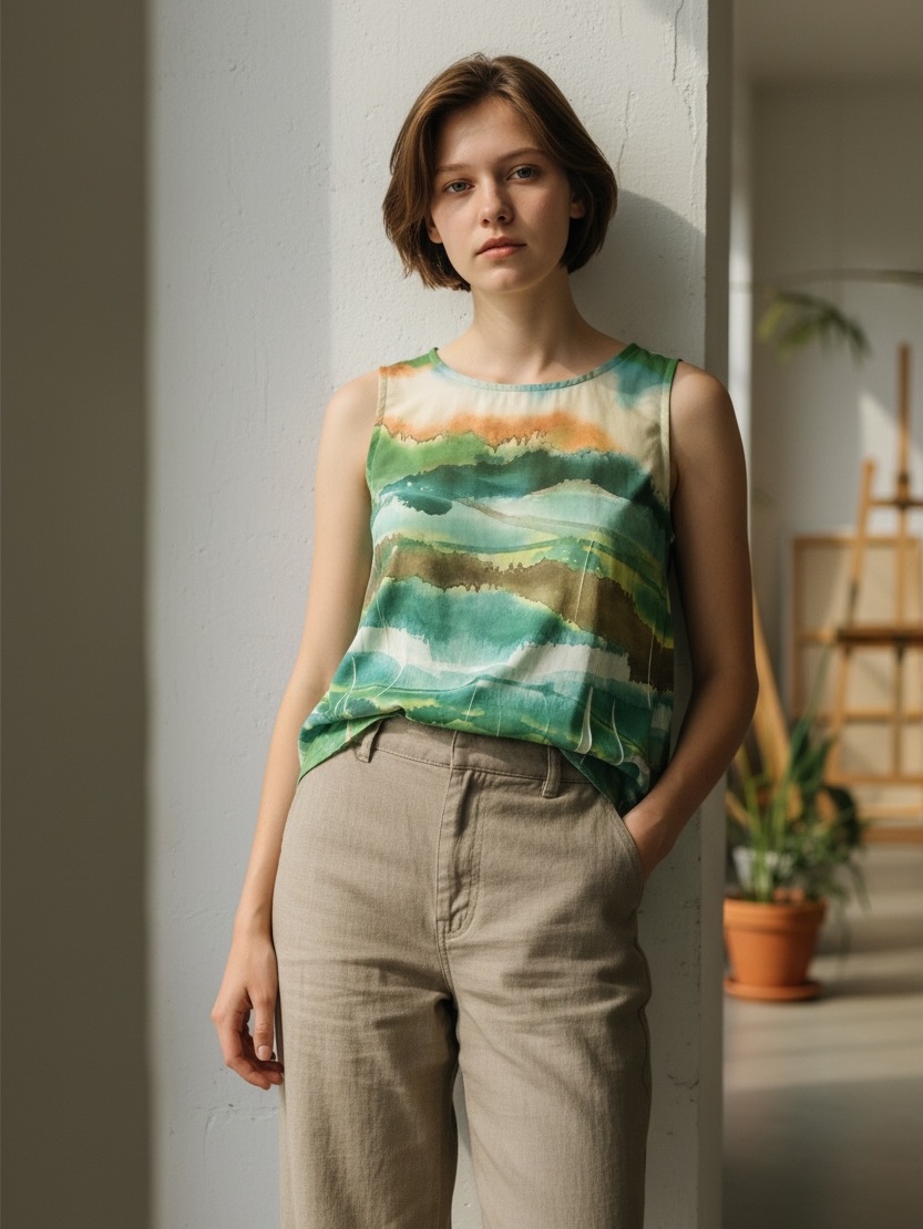 Coldwater Creek Watercolor Scoop Neck Tank - Green, Teal & Yellow